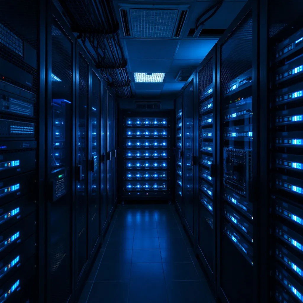 High-tech server room with blue LED lights, professional cin