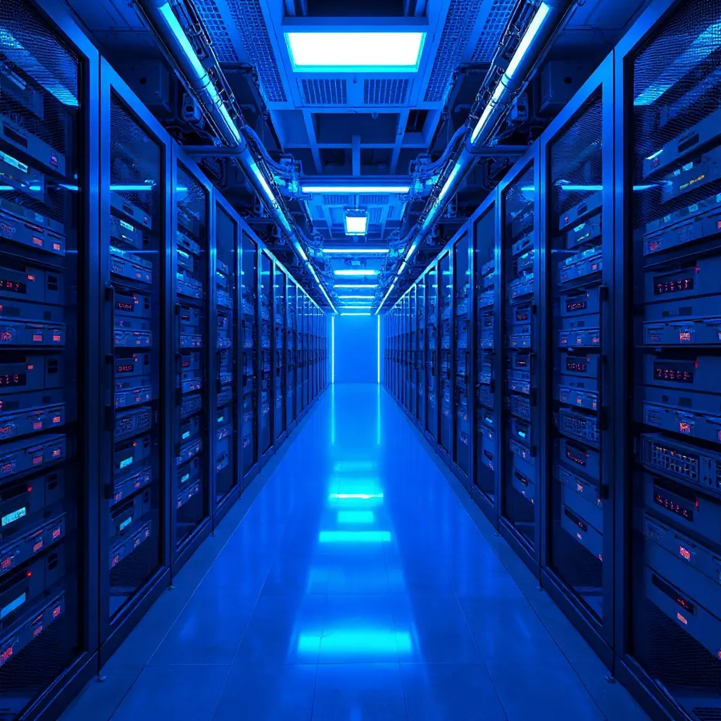 A high-tech server room with blue neon lights, rows of data